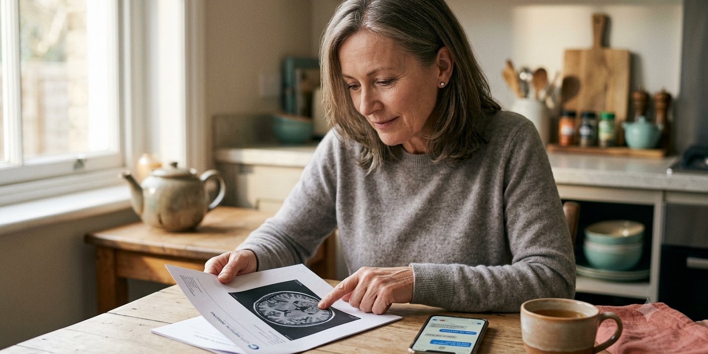 mrt-befund-verstehen.jpg „Patientin liest MRT-Befund und lässt ihn sich per KI auf dem Smartphone erklären – MRT-Befund verstehen".