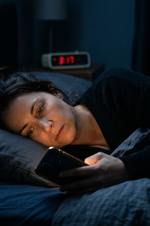 Person googelt nachts Symptome am Smartphone – Symptome googeln oder KI fragen