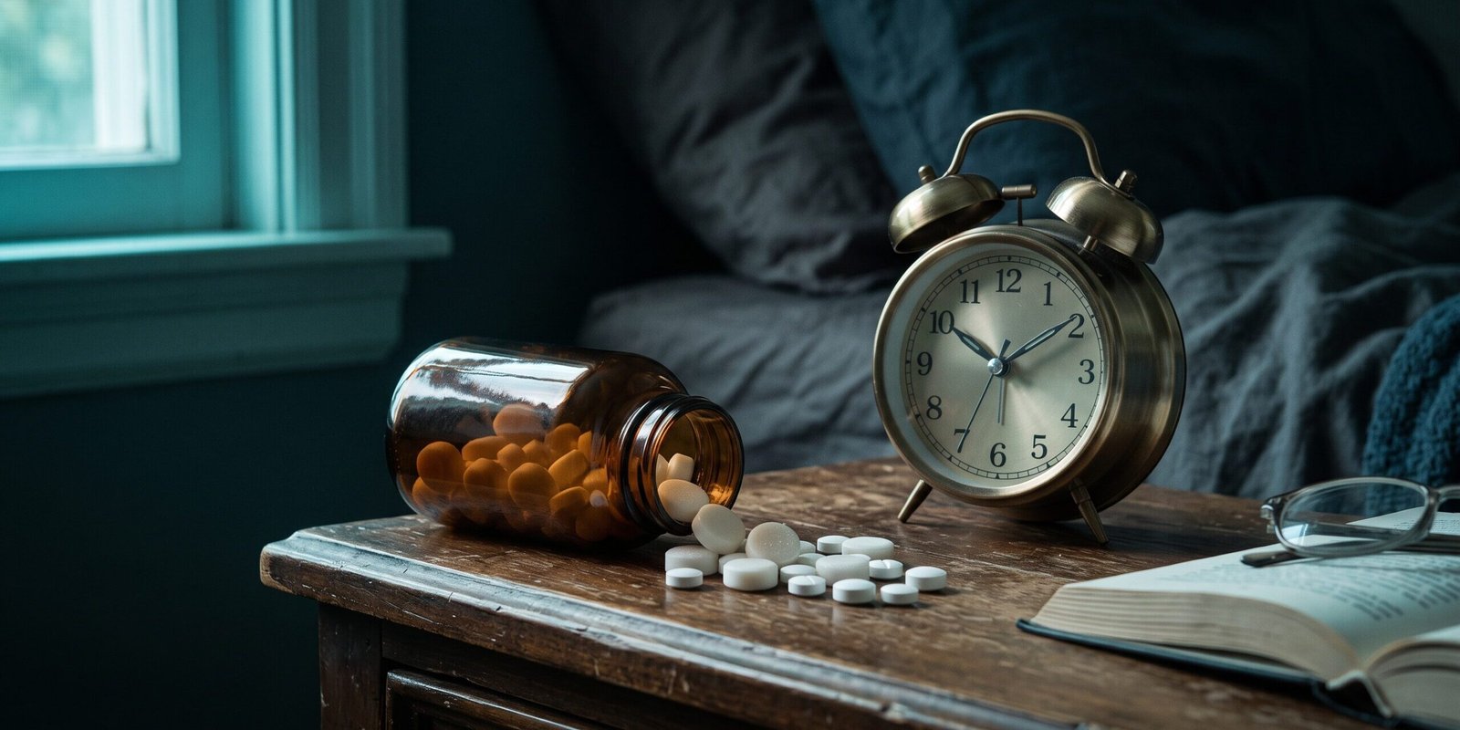 melatonin-nebenwirkungen-hero.webp Melatonin-Präparate und Wecker auf Nachttisch in gedämpftem Licht – Nebenwirkungen und Risiken von Melatonin
