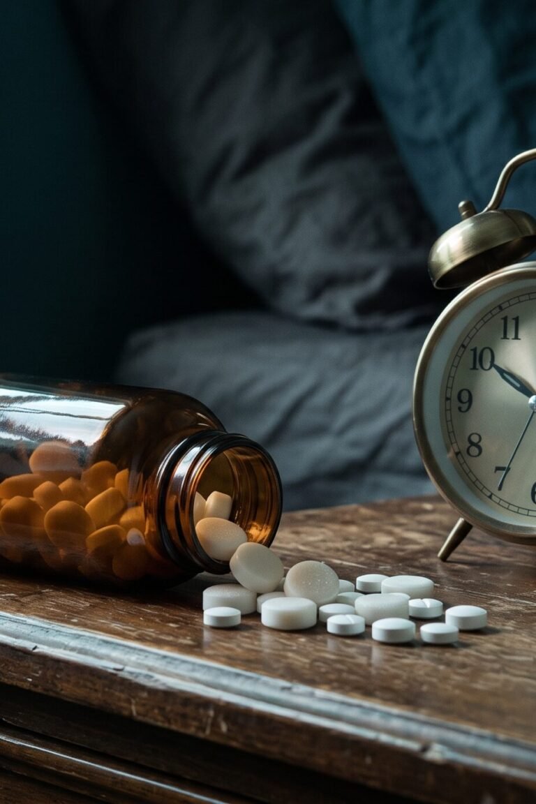 Melatonin-Präparate und Wecker auf Nachttisch in gedämpftem Licht – Nebenwirkungen und Risiken von Melatonin