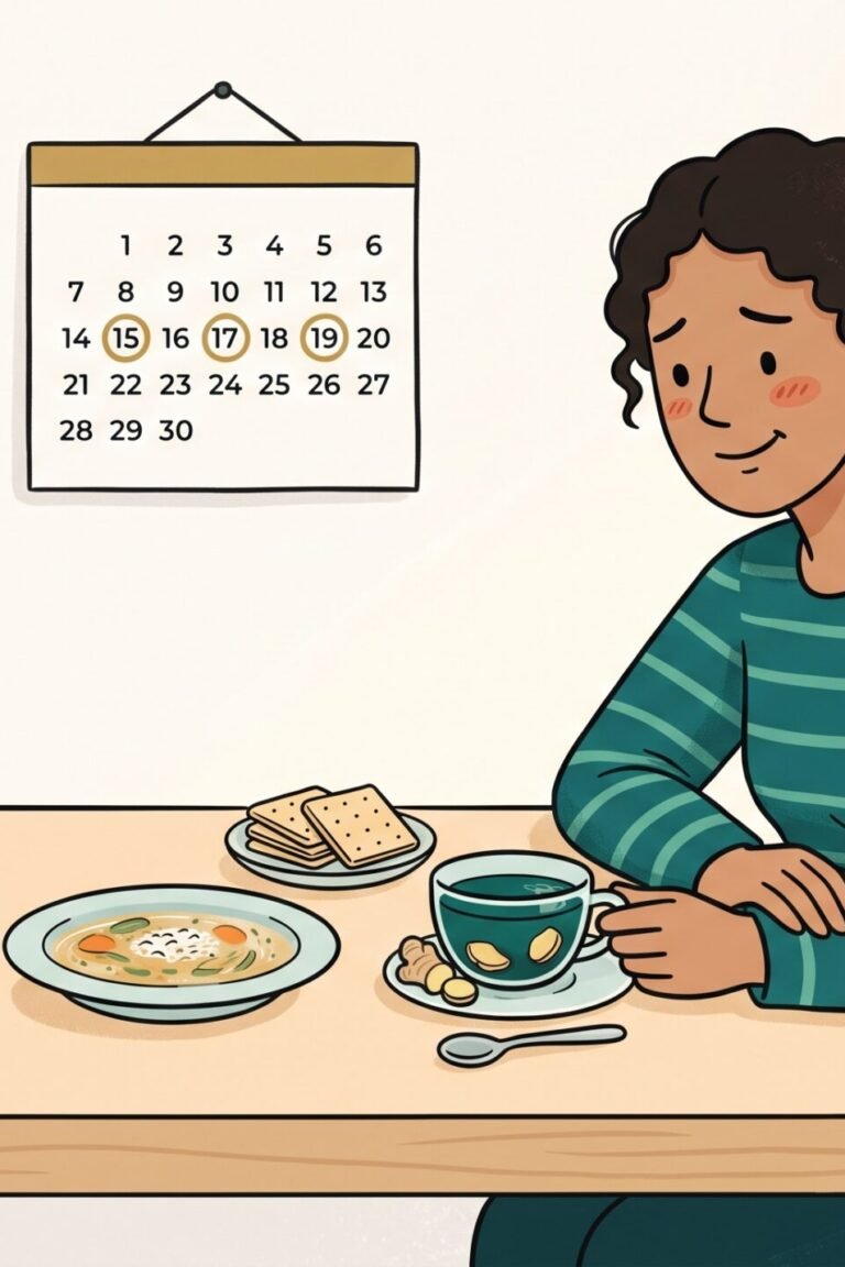 Illustration: Person mit leichter Übelkeit sitzt aufrecht vor kleiner Mahlzeit, Ingwertee und Crackern – Hilfe bei Übelkeit unter Wegovy und Mounjaro