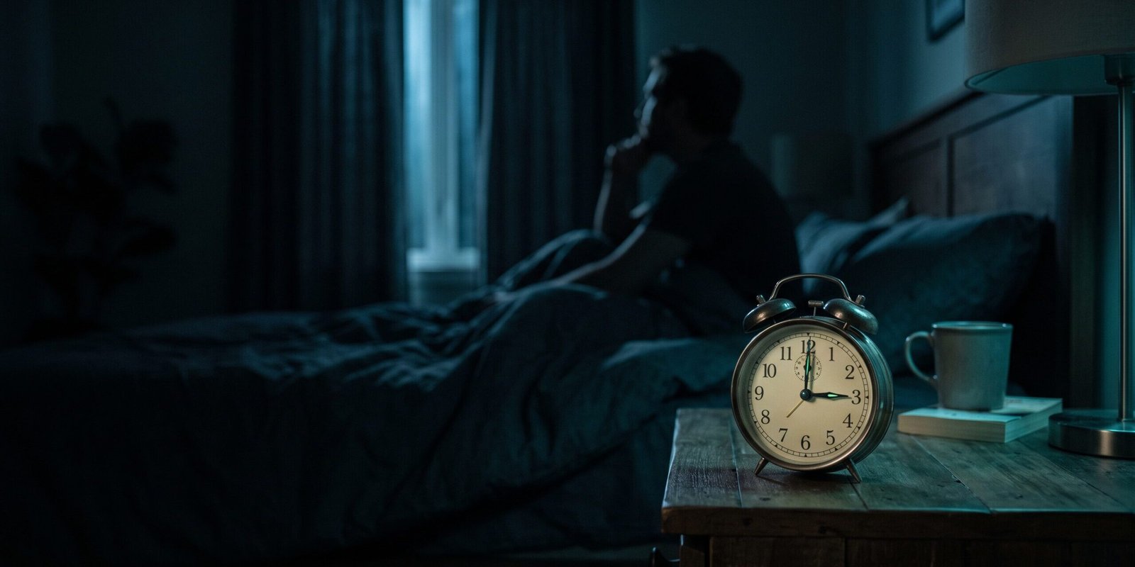 um-3-uhr-aufwachen-hero.webp Wecker zeigt 3 Uhr nachts, Person sitzt wach im Bett – nachts um 3 Uhr aufwachen Ursachen