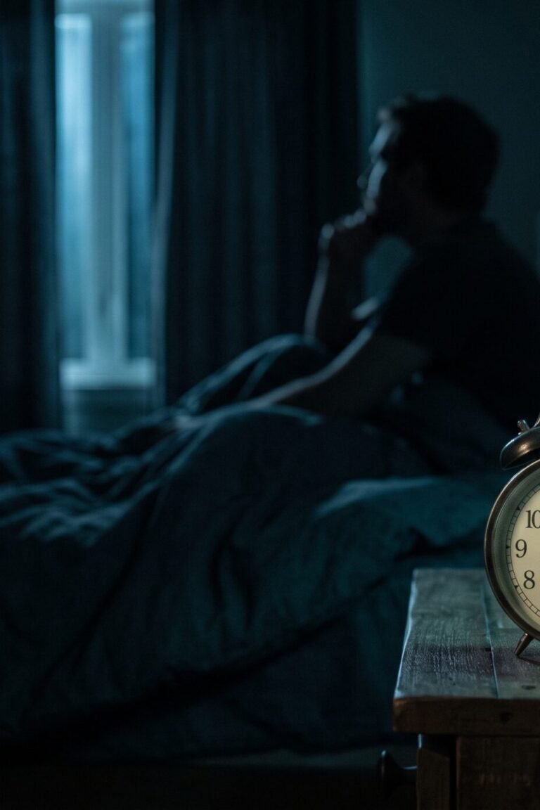 Wecker zeigt 3 Uhr nachts, Person sitzt wach im Bett – nachts um 3 Uhr aufwachen Ursachen