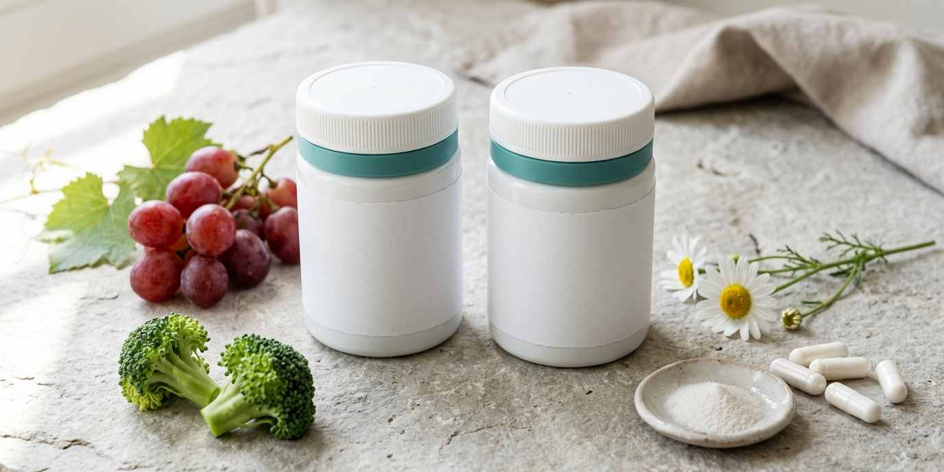avea-vitality-bundle-test-erfahrungen.webp Zwei Supplement-Dosen mit natürlichen Zutaten wie Trauben und Brokkoli