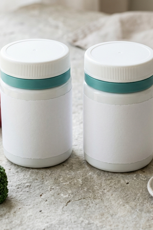 Zwei Supplement-Dosen mit natürlichen Zutaten wie Trauben und Brokkoli