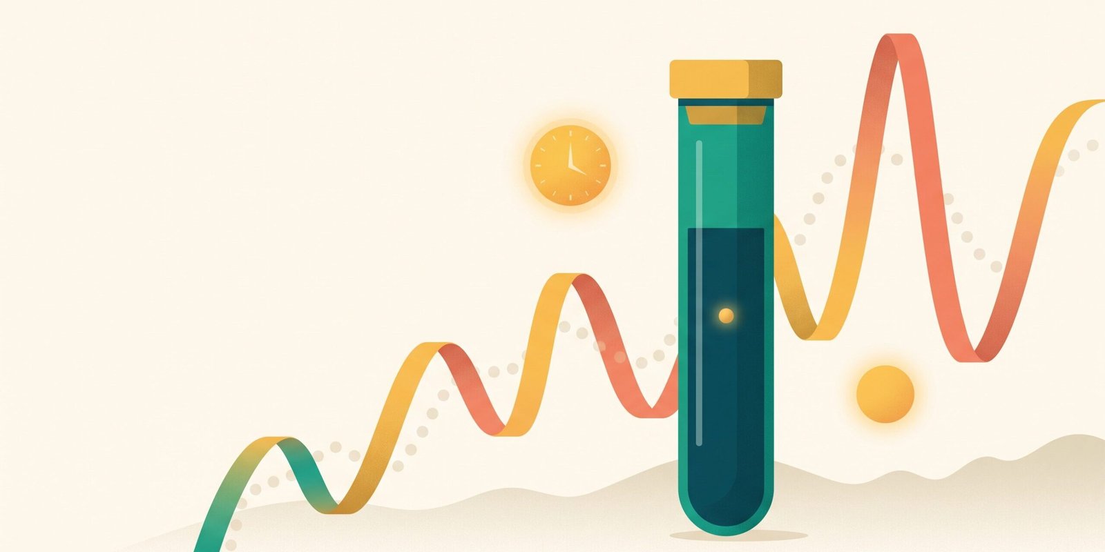 cortisol-messen-speicheltest-sinnvoll-hero.webp Illustration: Speichel-Teströhrchen versucht, eine wild durch das Bild schwingende goldene Messkurve einzufangen – warum einzelne Cortisol-Werte kaum aussagekräftig sind