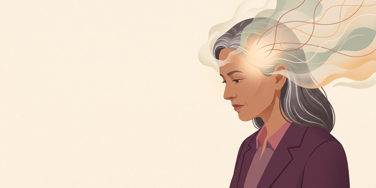 brain-fog-wechseljahre-neurologe-erklaert.png Brain Fog in den Wechseljahren: Illustration einer Frau, deren Kopf von sich lichtendem Nebel umgeben ist