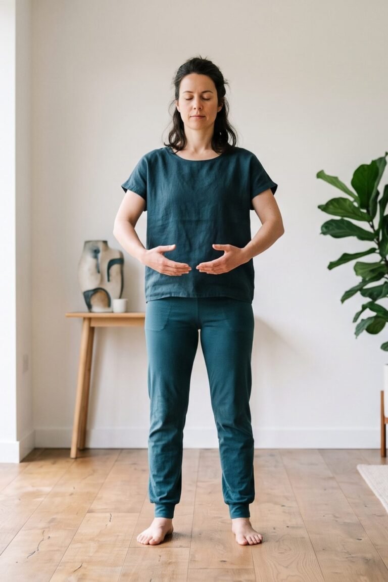 Person übt die Qi-Gong-Grundhaltung "Stehen wie ein Baum" im Wohnzimmer