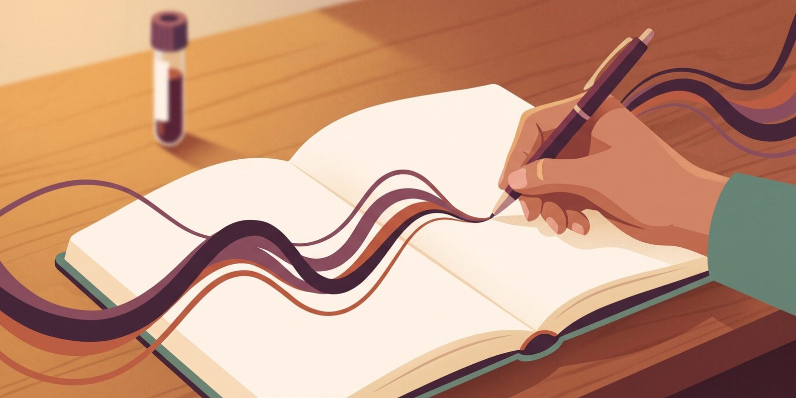 wechseljahre-test-bluttest-oder-symptomtagebuch.png Wechseljahre-Test: Illustration einer Hand, die in ein Tagebuch schreibt, während Hormonwellen durch das Bild fließen — daneben ein unscharfes Blutröhrchen