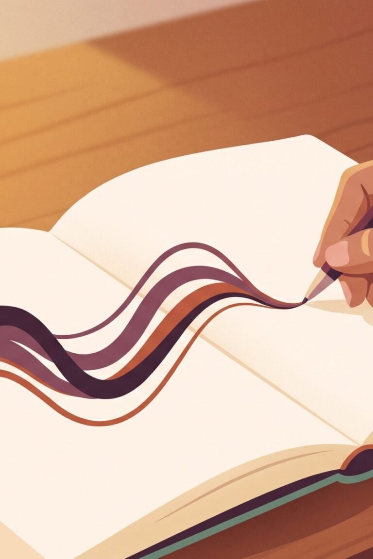 Wechseljahre-Test: Illustration einer Hand, die in ein Tagebuch schreibt, während Hormonwellen durch das Bild fließen — daneben ein unscharfes Blutröhrchen