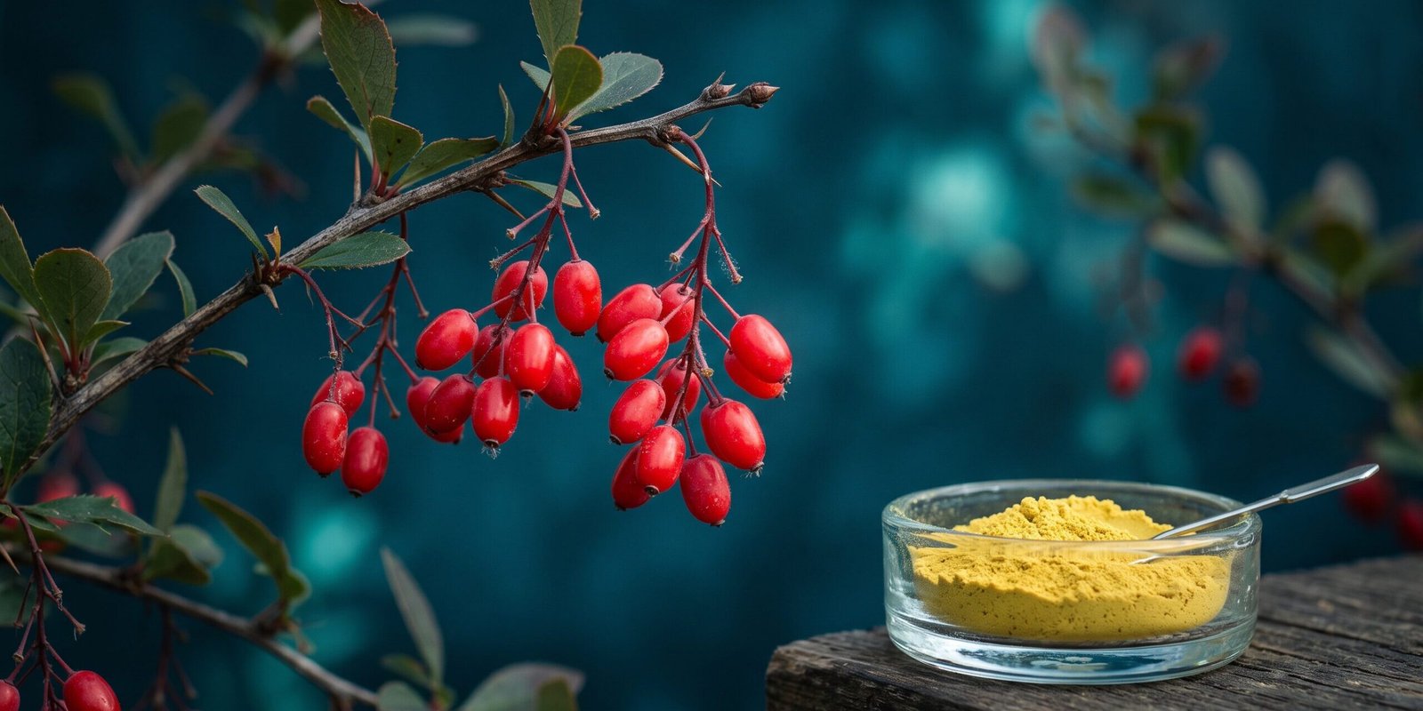 berberin-wirkung-berberitze-alkaloid.jpg Berberitzenbeeren und gelbes Berberin-Pulver – das Pflanzenalkaloid im Porträt