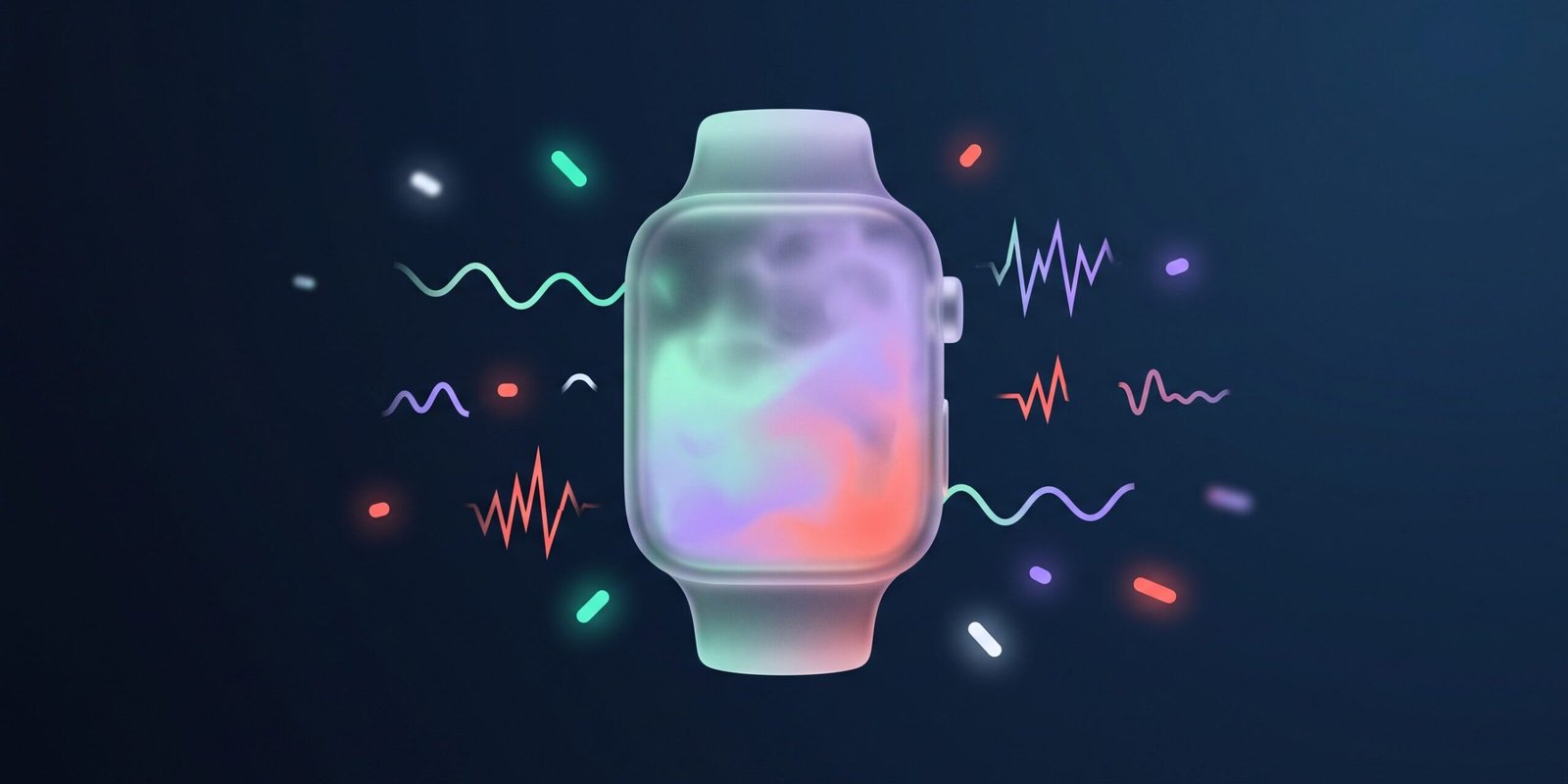 body-battery-stress-score-hero.png Body Battery und Stress-Score: abstrakte Energiezelle halb gefüllt mit Fragezeichen-artigem Nebel in Lavendel und Koralle