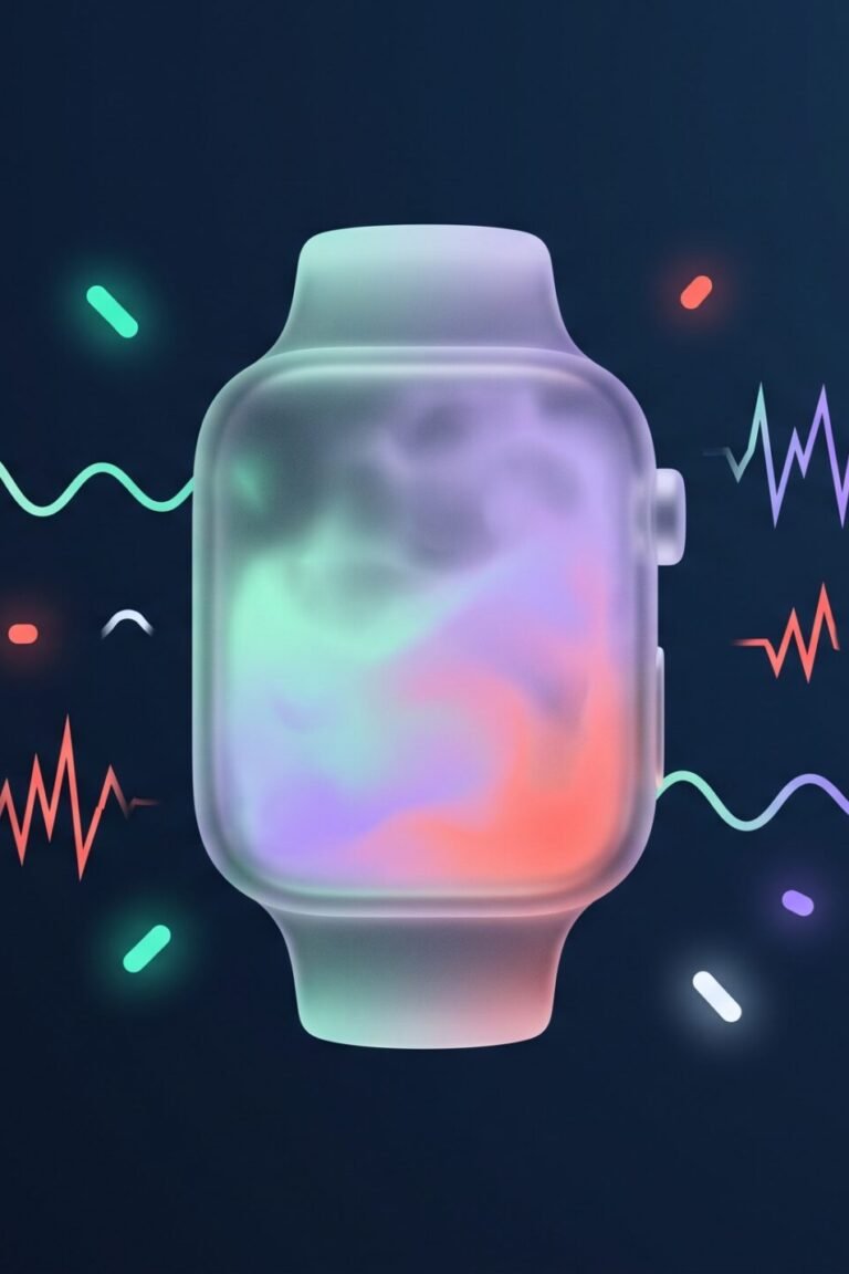 Body Battery und Stress-Score: abstrakte Energiezelle halb gefüllt mit Fragezeichen-artigem Nebel in Lavendel und Koralle