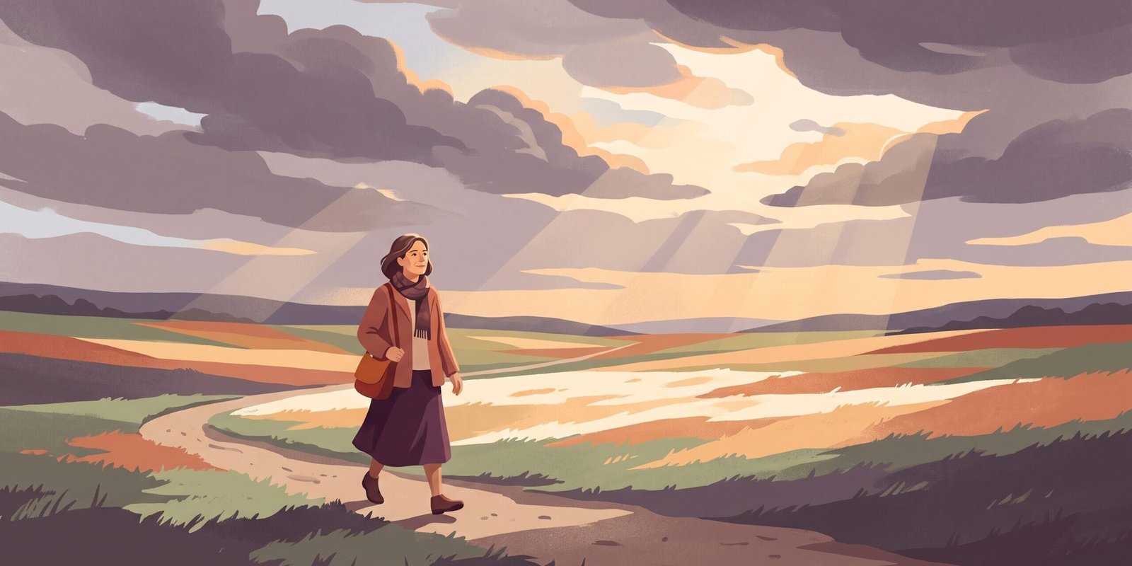 depression-oder-wechseljahre-stimmungstief-unterscheiden.png Depression oder Wechseljahre: Illustration einer Frau zwischen wechselndem Wetter — Sonne bricht durch ziehende Wolken