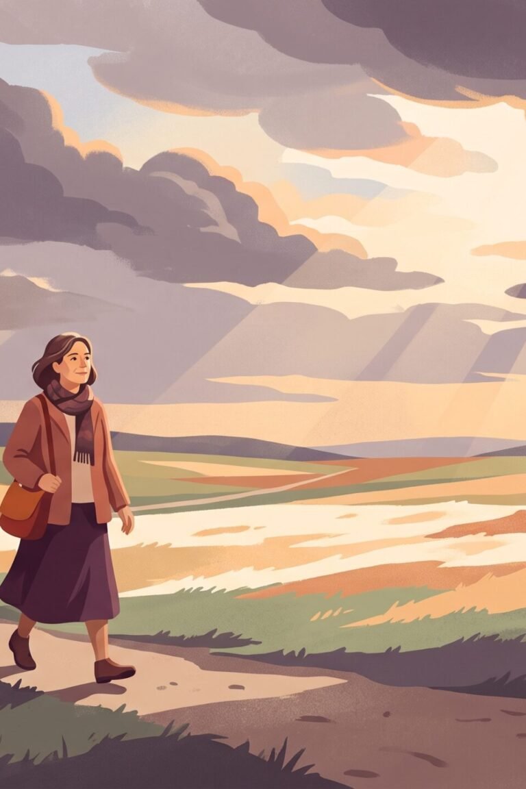 Depression oder Wechseljahre: Illustration einer Frau zwischen wechselndem Wetter — Sonne bricht durch ziehende Wolken