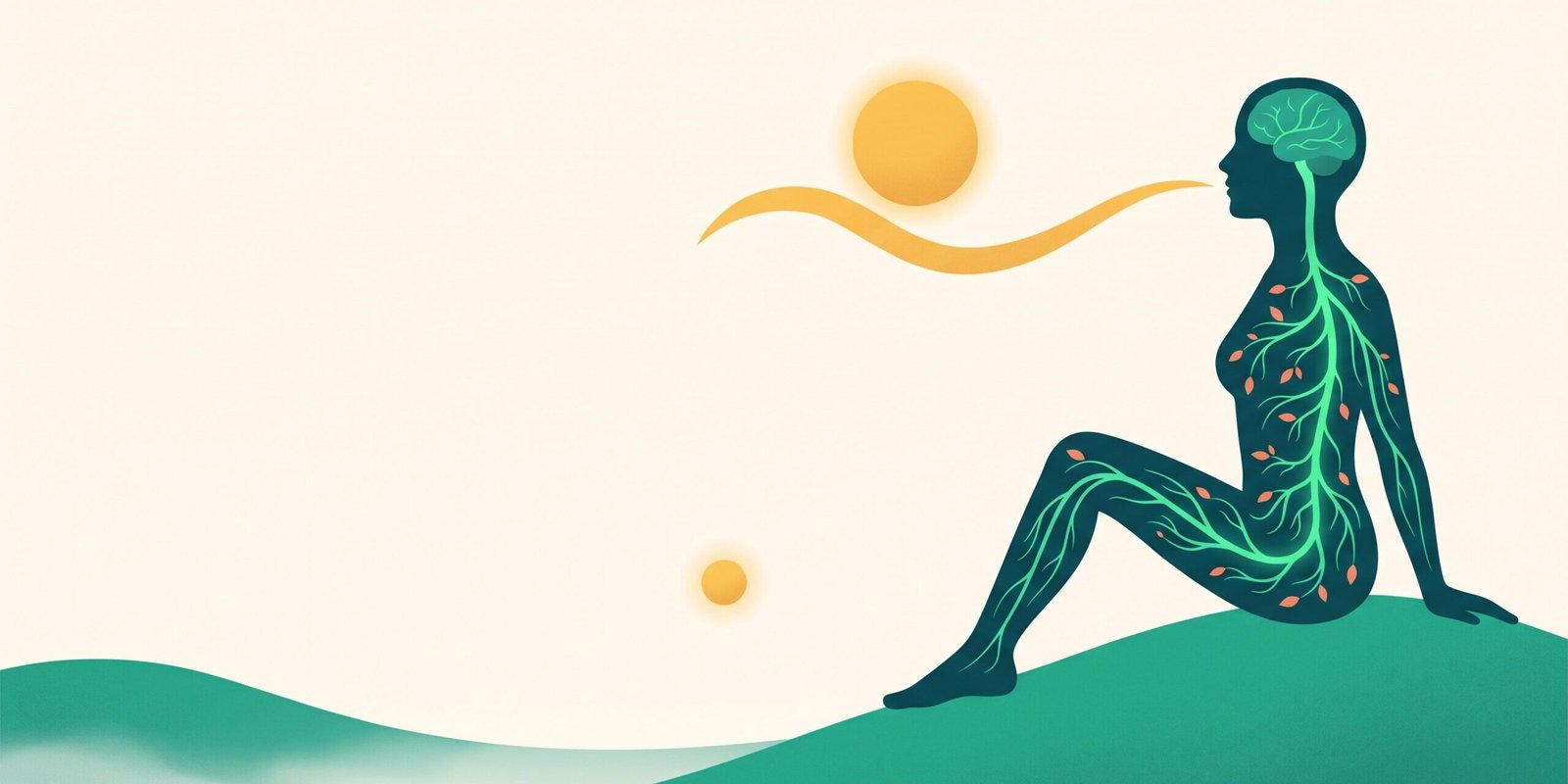 nervensystem-regulieren-vagusnerv-uebungen-hero.webp Illustration: Sitzende Silhouette im Profil mit baumartig verzweigtem, jade-grün leuchtendem Vagusnerv und langer goldener Atemwelle vor aufgehender Sonne – Nervensystem regulieren