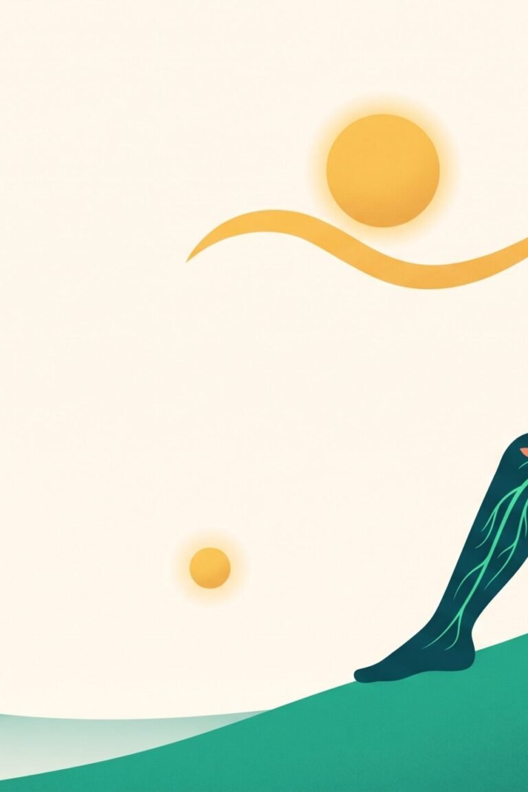Illustration: Sitzende Silhouette im Profil mit baumartig verzweigtem, jade-grün leuchtendem Vagusnerv und langer goldener Atemwelle vor aufgehender Sonne – Nervensystem regulieren