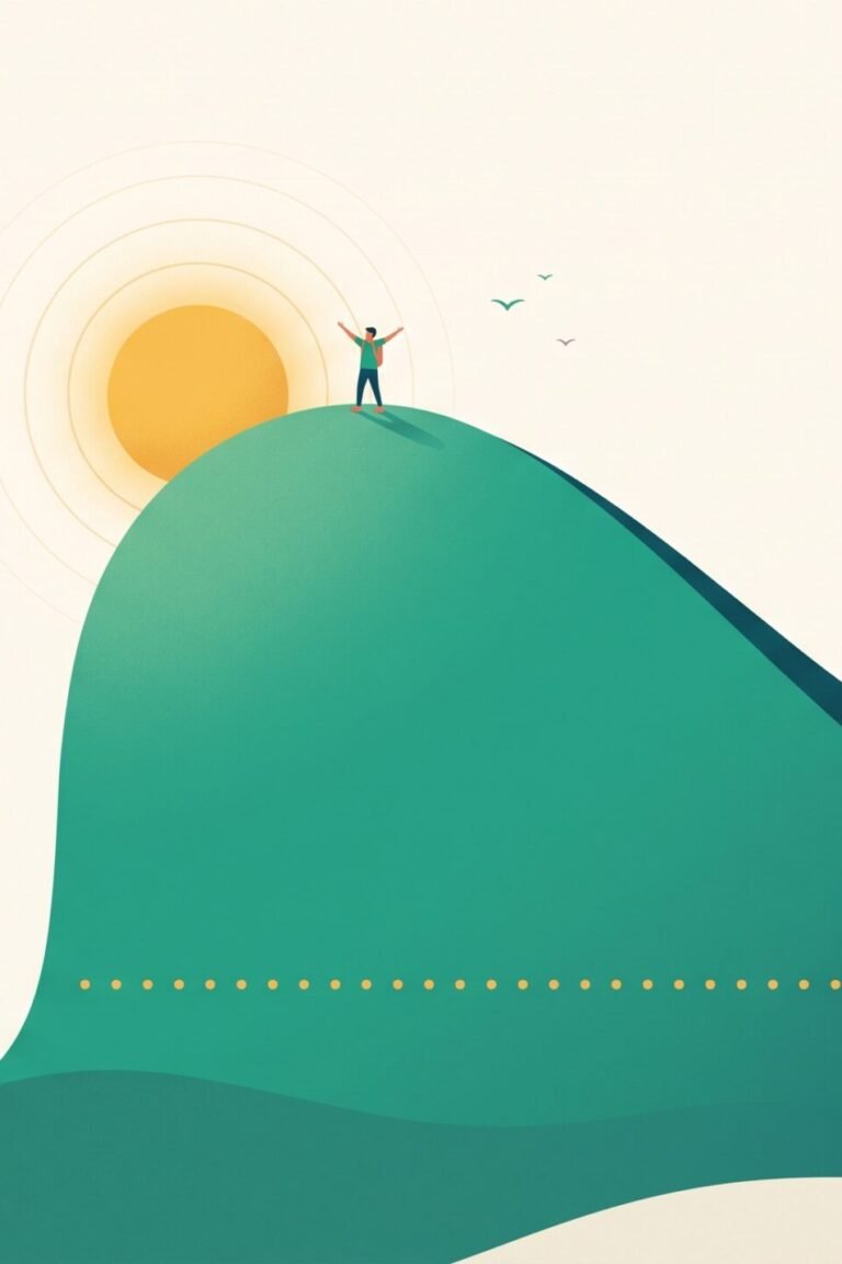 Illustration des Cortisol-Tagesrhythmus als Hügellandschaft: goldene Sonne am steilen Morgen-Gipfel, sanft abfallende Kurve bis zu Mond und Sternen am Abend