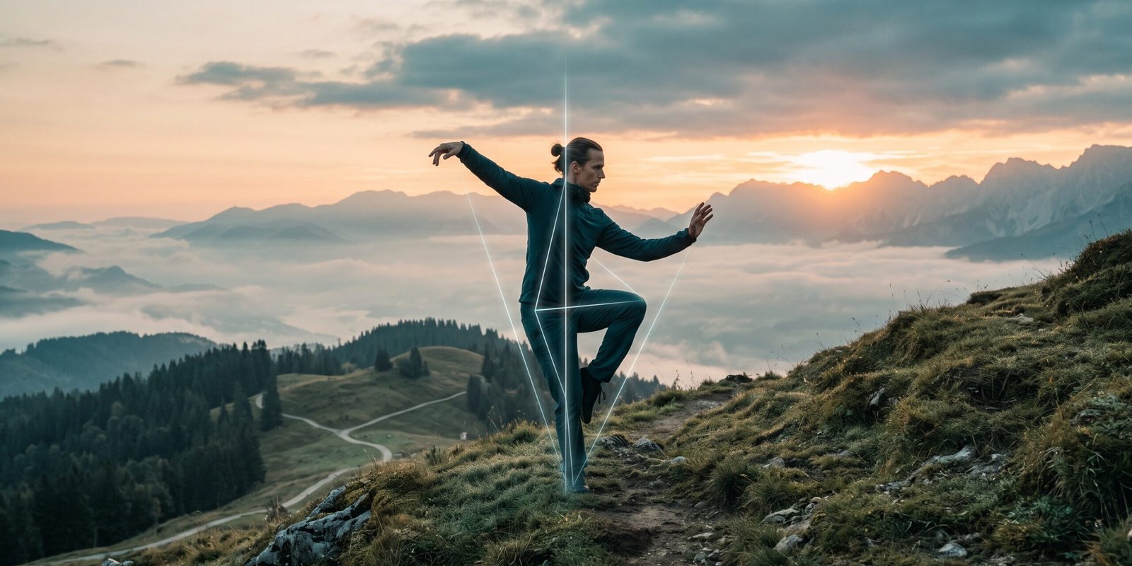 tai-chi-wirkung-studien.webp Person übt Tai Chi bei Sonnenaufgang, Lichtlinien deuten die Balance-Achse an