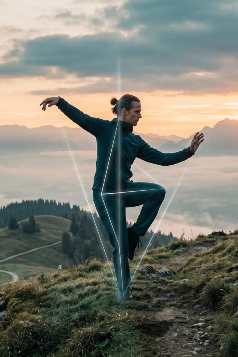 Person übt Tai Chi bei Sonnenaufgang, Lichtlinien deuten die Balance-Achse an
