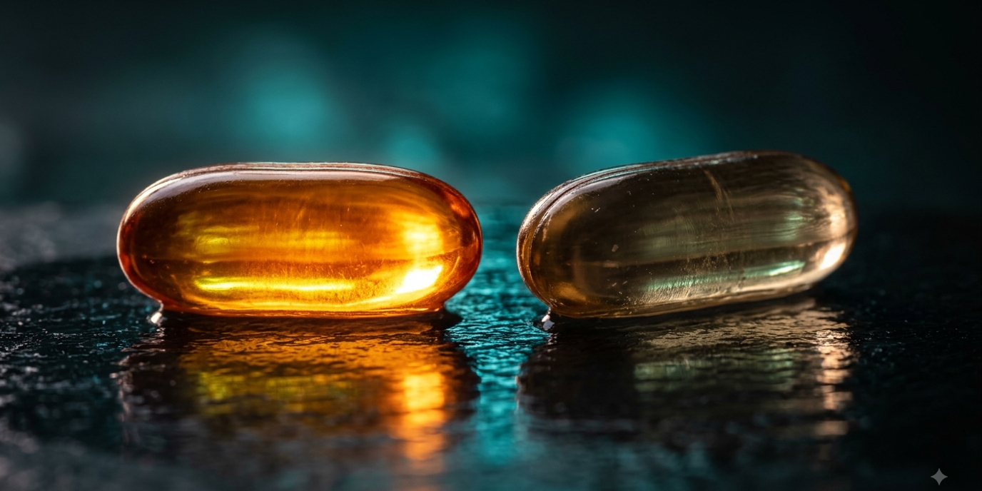 Zwei goldene CoQ10 Softgel-Kapseln, eine hell leuchtend – Symbolbild für Ubiquinol vs. Ubiquinon