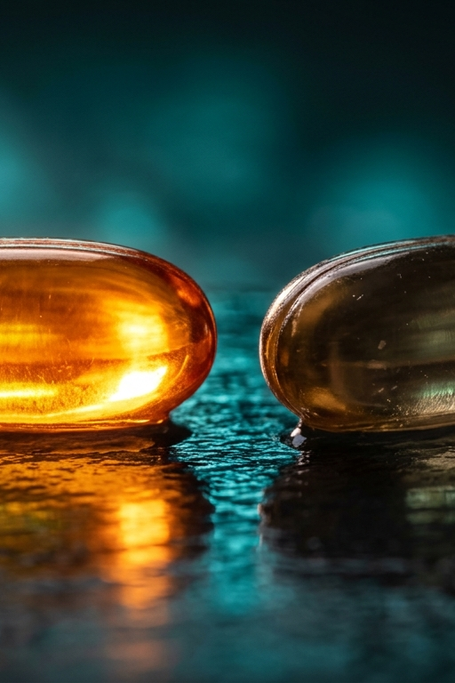 Zwei goldene CoQ10 Softgel-Kapseln, eine hell leuchtend – Symbolbild für Ubiquinol vs. Ubiquinon
