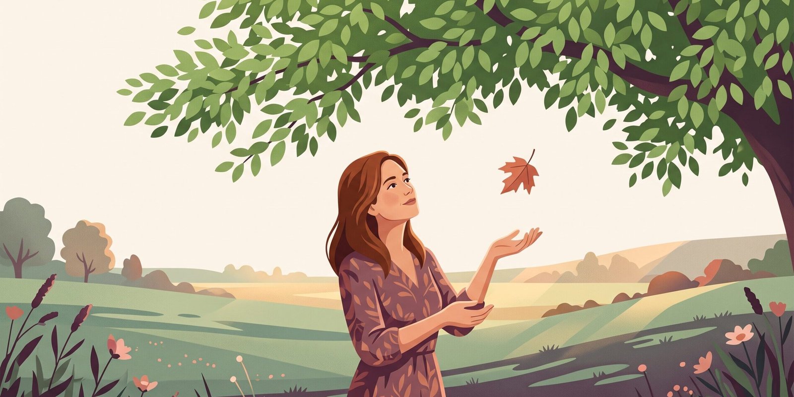 wechseljahre-mit-40-erste-anzeichen.png Wechseljahre mit 40: Illustration einer jüngeren Frau unter einem grünen Baum, ein einzelnes erstes Herbstblatt schwebt herab