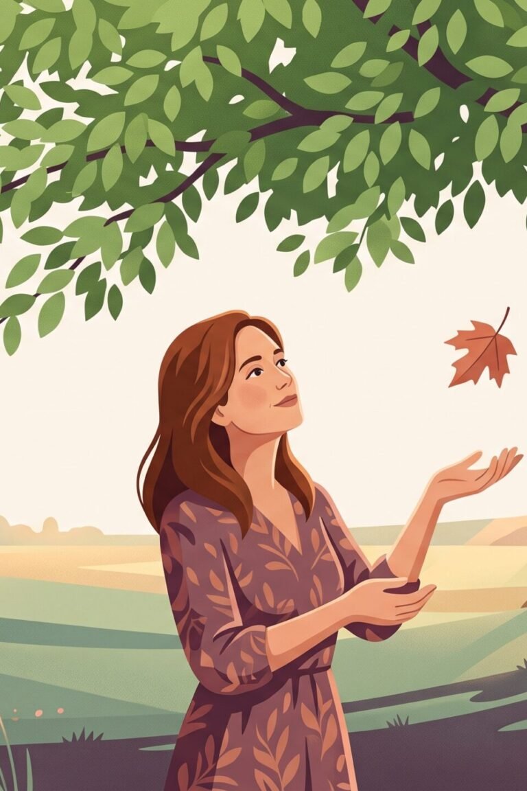 Wechseljahre mit 40: Illustration einer jüngeren Frau unter einem grünen Baum, ein einzelnes erstes Herbstblatt schwebt herab