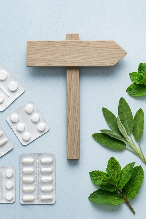 Symbolische Weggabelung zwischen ADHS-Medikamenten und pflanzlichen Alternativen wie Matcha und natürlichen Kapseln