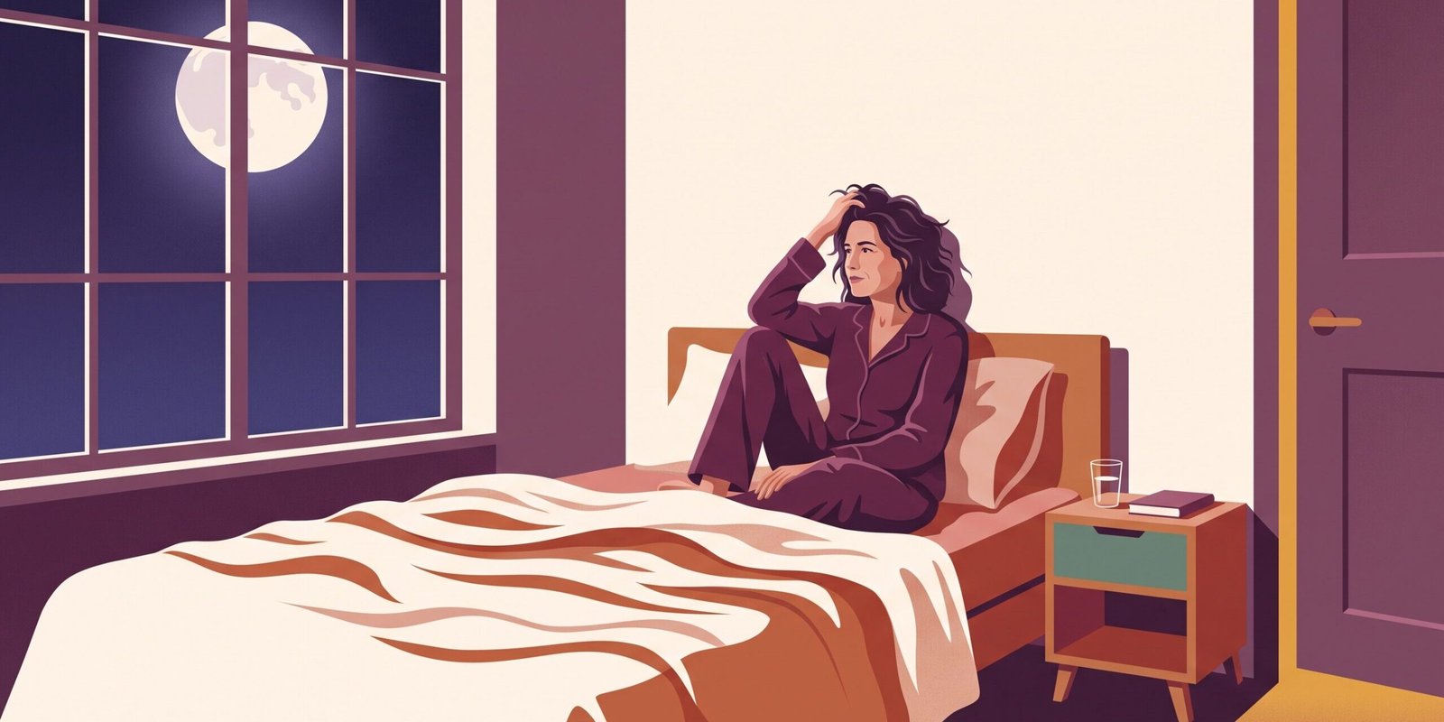 extreme-schlafstoerungen-wechseljahre-erfahrungen.png Extreme Schlafstörungen in den Wechseljahren: Illustration einer Frau, die nachts wach im Bett sitzt, Mondlicht fällt ins Schlafzimmer