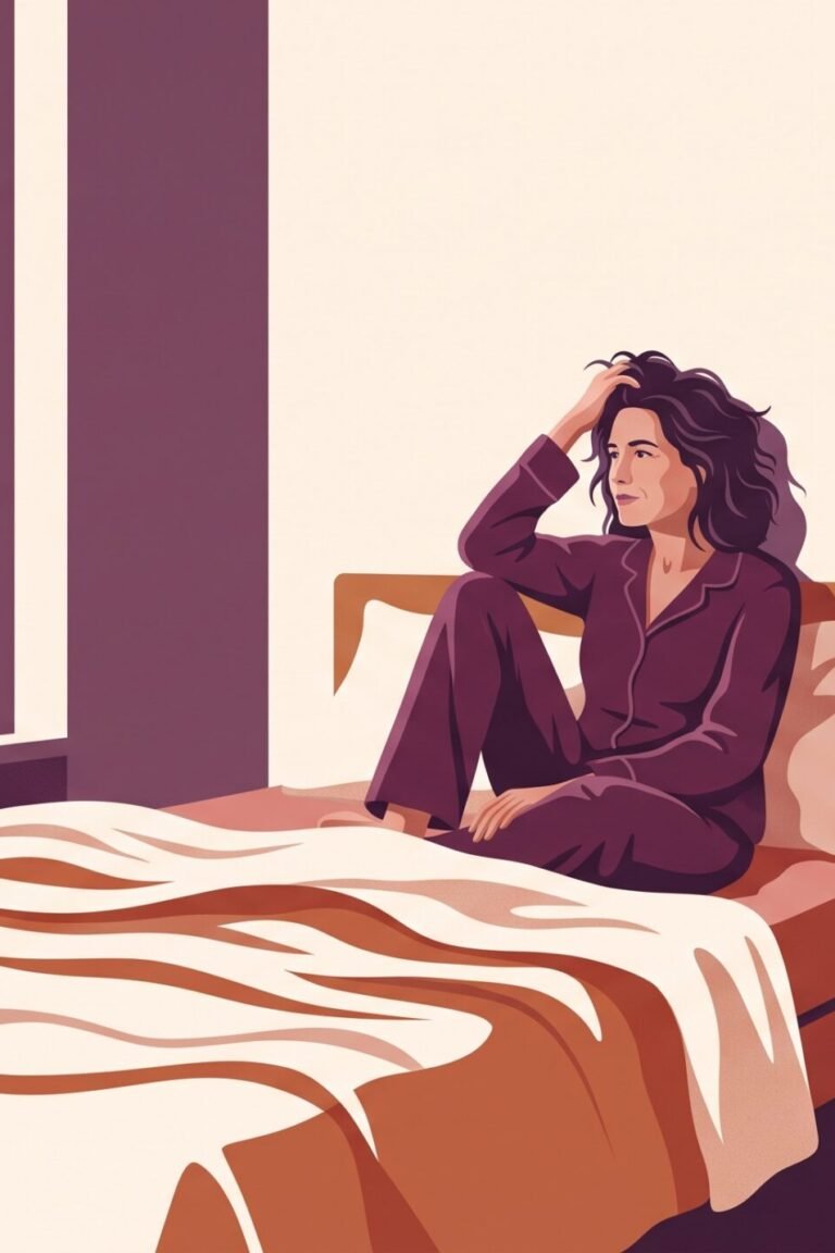 Extreme Schlafstörungen in den Wechseljahren: Illustration einer Frau, die nachts wach im Bett sitzt, Mondlicht fällt ins Schlafzimmer