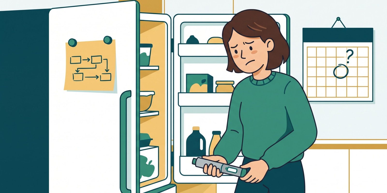 Illustration: Person mit Injektionspen vor dem Kühlschrank, Kalender mit markiertem Tag und Fragezeichen – was tun, wenn die Wegovy- oder Mounjaro-Dosis vergessen wurde