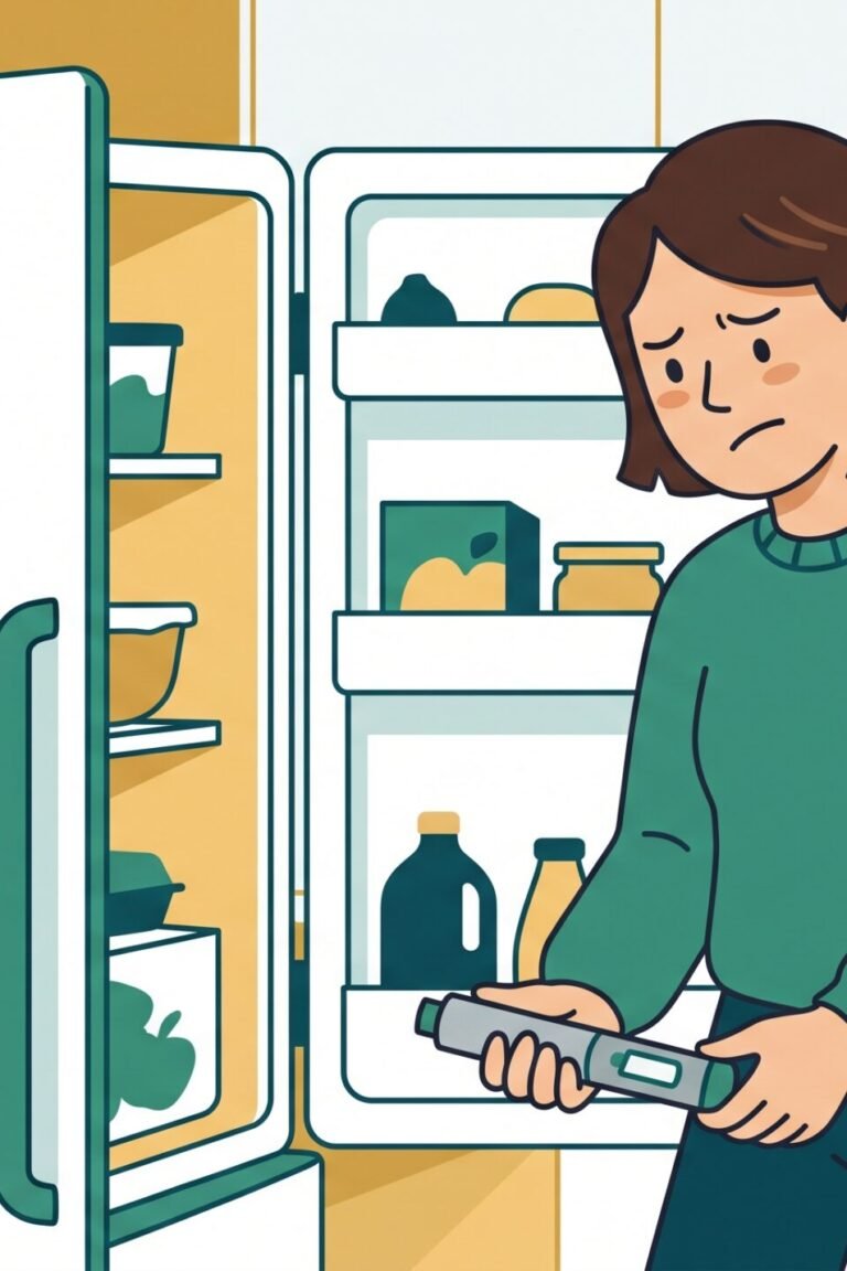 Illustration: Person mit Injektionspen vor dem Kühlschrank, Kalender mit markiertem Tag und Fragezeichen – was tun, wenn die Wegovy- oder Mounjaro-Dosis vergessen wurde