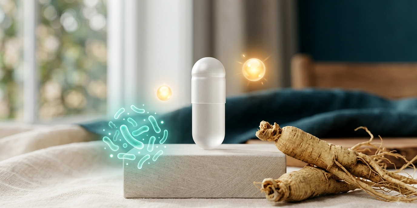 avea-biomind-test-erfahrungen.webp AVEA Biomind Testbericht: Probiotikum-Kapseln mit Ginsengwurzel und Symbolen für Darm-Hirn-Verbindung