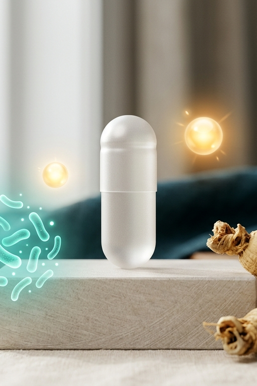 AVEA Biomind Testbericht: Probiotikum-Kapseln mit Ginsengwurzel und Symbolen für Darm-Hirn-Verbindung
