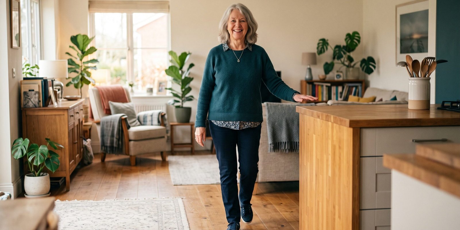 tai-chi-walking-senioren-sturzpraevention.webp Seniorin übt Tai Chi Walking sicher neben der Küchenzeile als Stütze