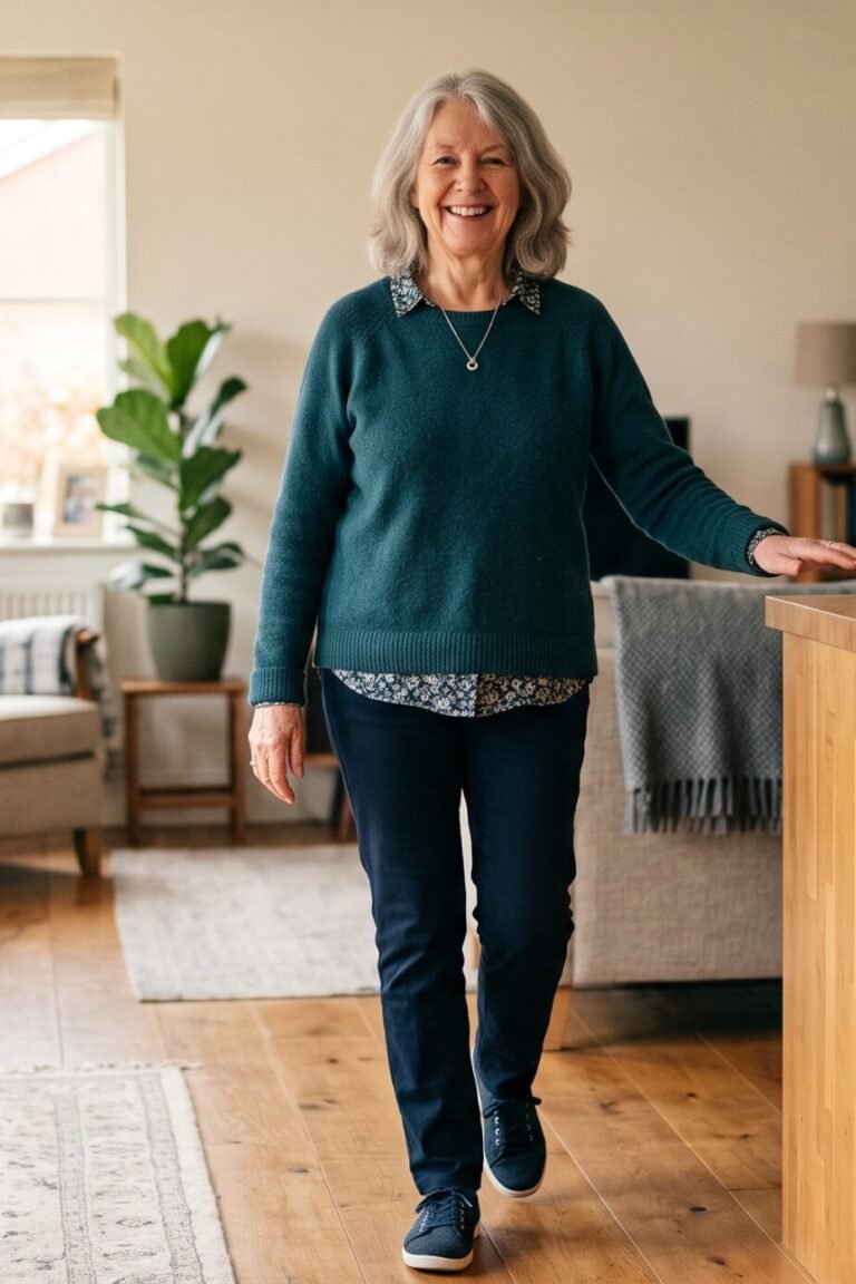 Seniorin übt Tai Chi Walking sicher neben der Küchenzeile als Stütze