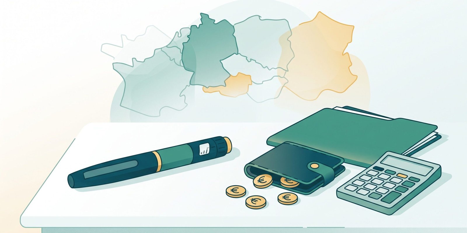 abnehmspritze-kosten-krankenkasse-2026.webp Illustration: Injektionspen neben Geldbörse, Taschenrechner und Unterlagen – Kosten und Krankenkassen-Erstattung der Abnehmspritze in Deutschland, Österreich und der Schweiz