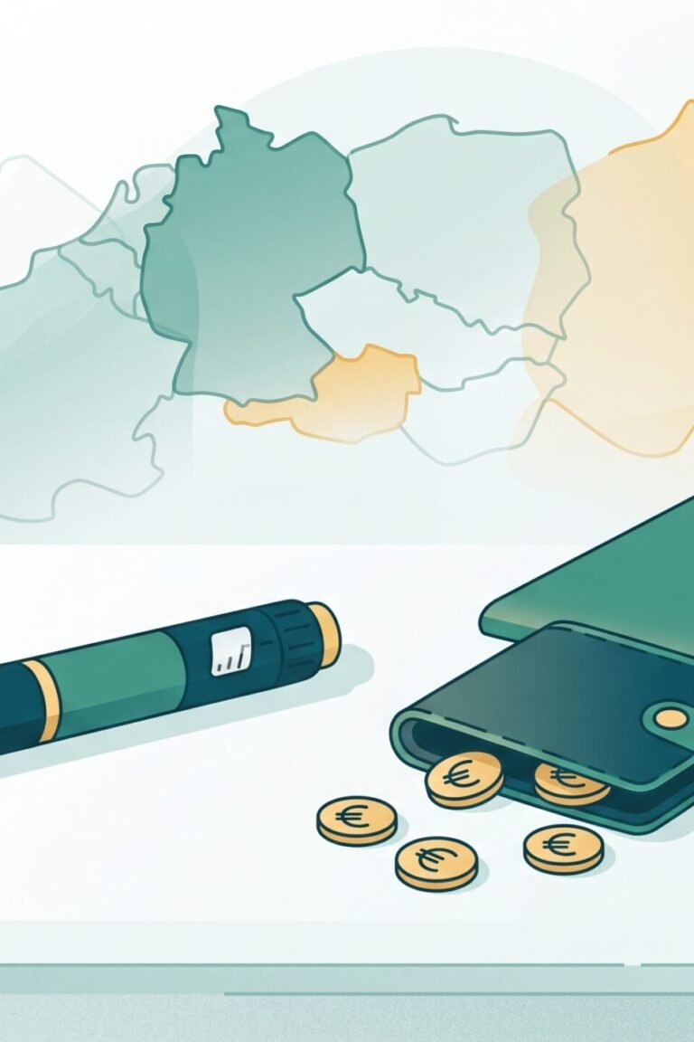 Illustration: Injektionspen neben Geldbörse, Taschenrechner und Unterlagen – Kosten und Krankenkassen-Erstattung der Abnehmspritze in Deutschland, Österreich und der Schweiz