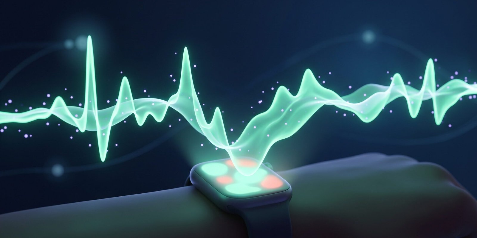 hrv-wert-verstehen-hero.png HRV-Wert verstehen: leuchtende Herzfrequenzvariabilitäts-Welle über einer stilisierten Smartwatch bei Nacht