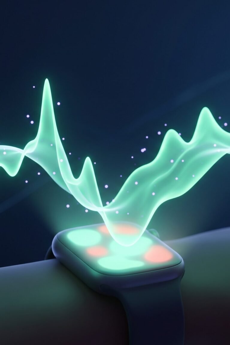HRV-Wert verstehen: leuchtende Herzfrequenzvariabilitäts-Welle über einer stilisierten Smartwatch bei Nacht