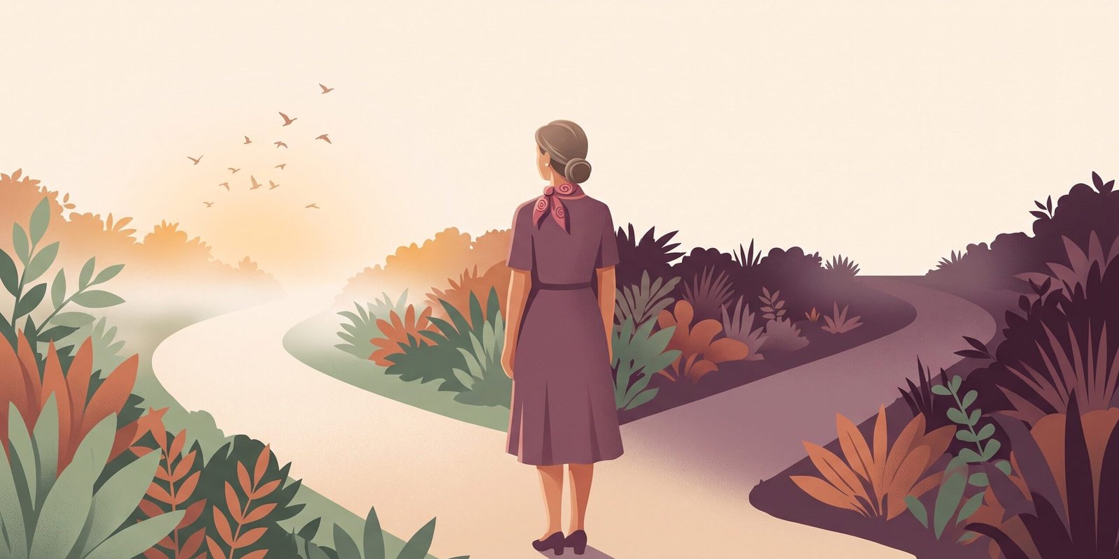 wechseljahre-demenz-brain-fog-unterschied.png Wechseljahre oder Demenz: Illustration einer Frau vor zwei Wegen, der nebelige Weg lichtet sich im warmen Licht