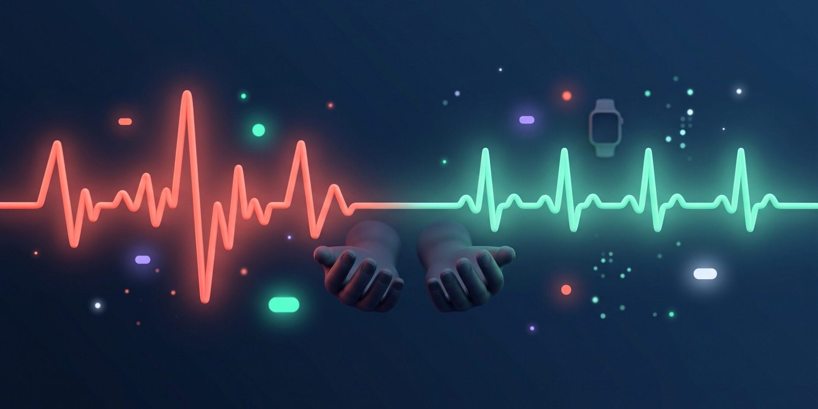smartwatch-vorhofflimmern-hero.png Smartwatch zeigt Vorhofflimmern: unregelmäßige korallerote EKG-Linie wird zu ruhiger mintgrüner Linie