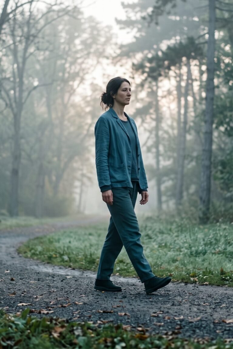 Person übt Tai Chi Walking im Park – langsamer Schritt mit Ferse ohne Gewicht aufgesetzt