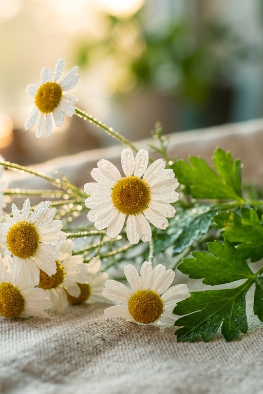 Kamillenblüten mit Morgentau neben Petersilie und Sellerie – natürliche Apigenin-Quellen