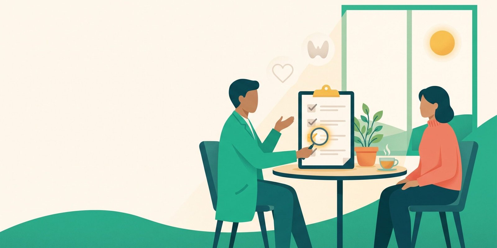 cortisol-zu-hoch-symptome-warnzeichen-hero.webp Illustration: Ärztin und Patientin im ruhigen Gespräch unter warmer Morgensonne, zwischen ihnen eine Checkliste mit einem gold markierten Punkt – Cortisol-Symptome richtig einordnen