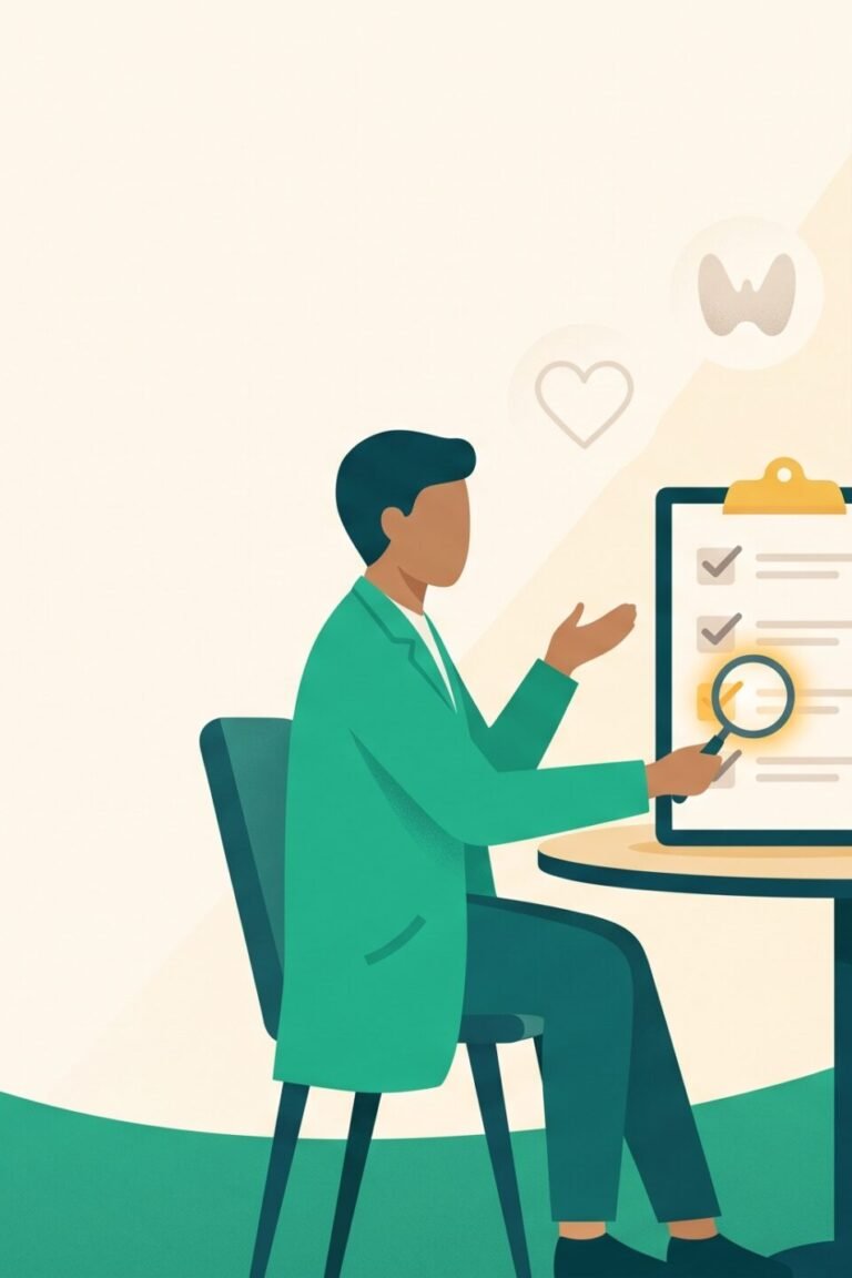 Illustration: Ärztin und Patientin im ruhigen Gespräch unter warmer Morgensonne, zwischen ihnen eine Checkliste mit einem gold markierten Punkt – Cortisol-Symptome richtig einordnen