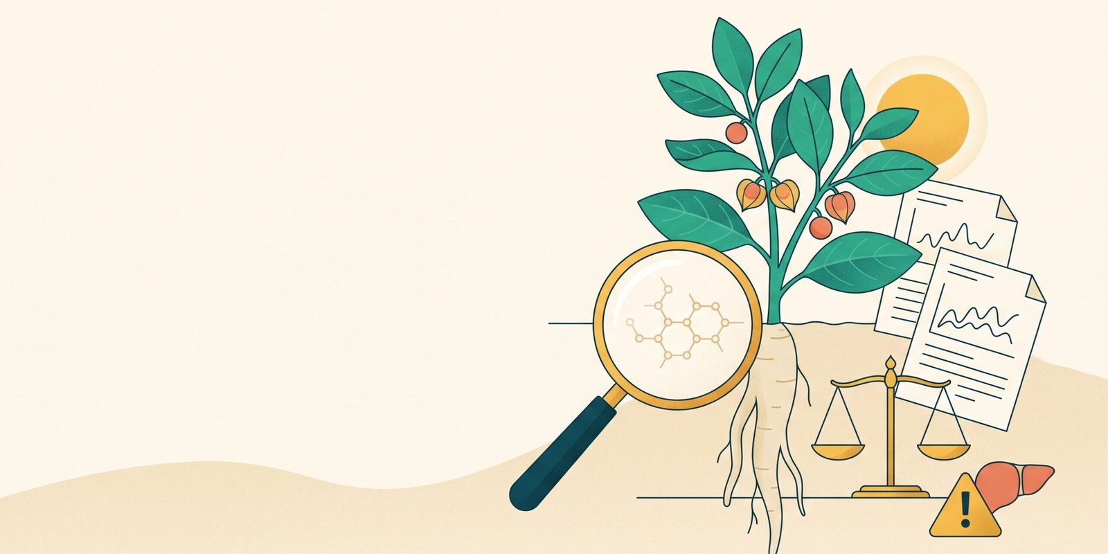 ashwagandha-wirkung-nebenwirkungen-studien-hero.webp Botanische Illustration einer Ashwagandha-Pflanze mit Wurzel und orangen Beeren unter einer großen Lupe, daneben Studienblätter und kleine Waage – Wirkung nüchtern geprüft
