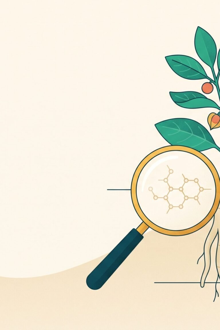 Botanische Illustration einer Ashwagandha-Pflanze mit Wurzel und orangen Beeren unter einer großen Lupe, daneben Studienblätter und kleine Waage – Wirkung nüchtern geprüft