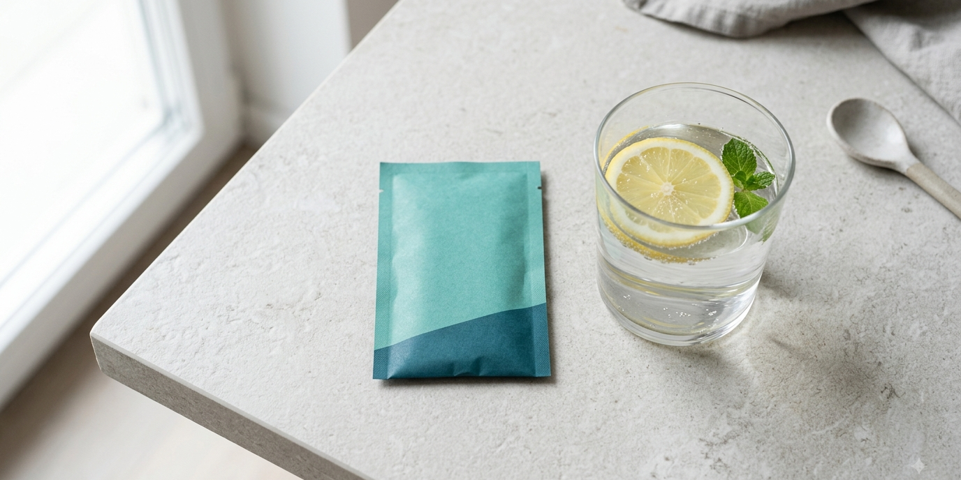 avea-collagen-activator-test-sachet.webp AVEA Collagen Activator Sachet neben einem Glas Wasser mit Zitrone